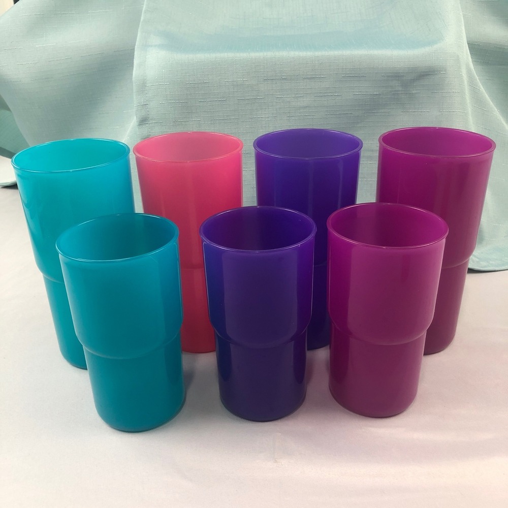 Tupperware Bell Tumblers Set of 7 Jewel Tones Stackable 16oz & 12oz Made in USA